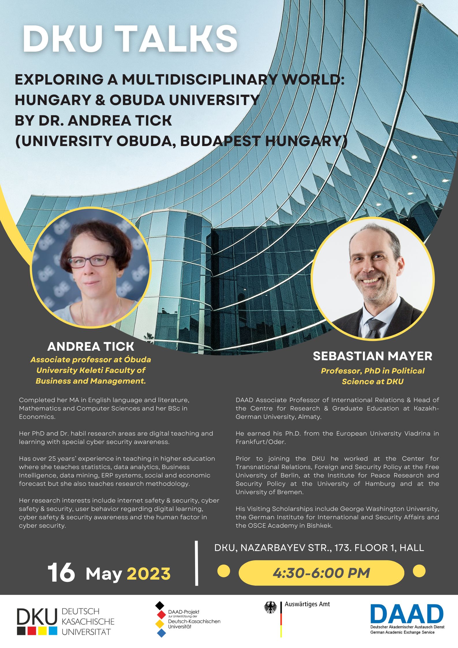 DKU Talks: “Exploring a Multidisciplinary World: Hungary & Obuda University by Dr. Andrea Tick (University Obuda, Budapest Hungary)”, 16.05.2023, 16:30